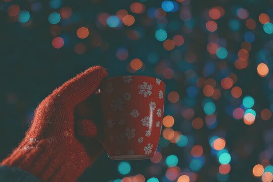 Gloved hand lifts a festive red mug adorned with snowflakes amidst a backdrop of colorful holiday lights in a cozy winter setting - Powered by Adobe