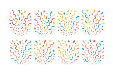 Confetti icon set. Confetti vector set. Celebration confetti collection with colorful streamers, stars and paper shapes. Design for banner, card, poster, invitation, sticker.