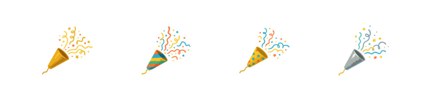 Party popper icon set. Party popper vector set. Exploding party poppers with confetti in four colorful designs. Design for greeting card, banner, invitation, poster, sticker.