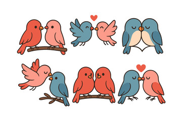 Love bird icon set. Love bird vector set. Cartoon love bird couple illustrations in pink, red and blue. Design for card, poster, invitation, sticker, banner.