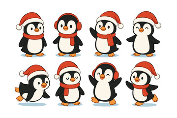 Fototapeta premium Penguin icon set. Penguin vector set. Christmas penguin characters with Santa hats and scarves. Design for card, sticker, invitation, banner, poster. Winter holiday.