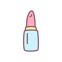 Cute lipstick icon. Doodle pastel illustration of lipstick in soft pink and blue tones. Kawaii sticker. Vector 10 EPS.