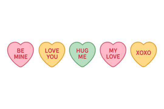 Candy heart icon set. Candy heart vector set. Colorful heart-shaped candies with short love phrases. Design for sticker, invitation, greeting card, poster, banner. Valentine day.