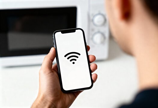 A person holds a phone displaying a clear Wi-Fi symbol icon in a kitchen environment near a microwave oven.