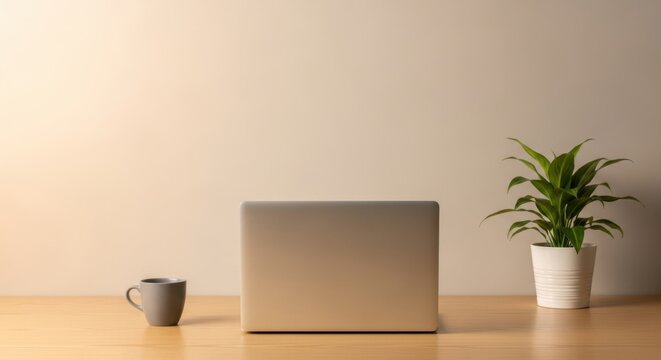 Minimalist modern workspace with laptop coffee mug and potted plant for productivity and decor
