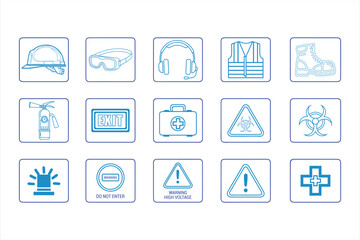 A detailed collection of safety icons representing workplace protection, emergency procedures, and regulatory compliance.