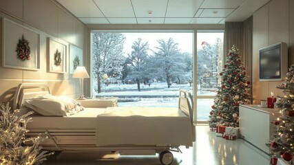 Empty hospital room beautifully decorated for the holiday season with glowing Christmas trees, presents, and wreaths, looking out onto a peaceful, snowy winter landscape through a large window