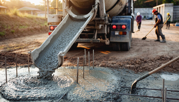 Pouring Fresh Concrete for a Strong Foundation at Construction Site, Inspiring Building Confidence and Reliable Infrastructure Development for the Future