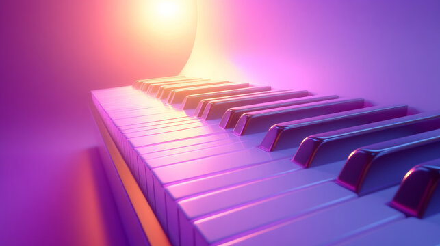 Close up of piano keys with purple and orange neon lighting music background - Powered by Adobe