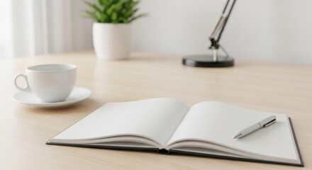 Minimalist Workspace with Open Notebook and Pen on Wooden Desk with Houseplant and Coffee Cup