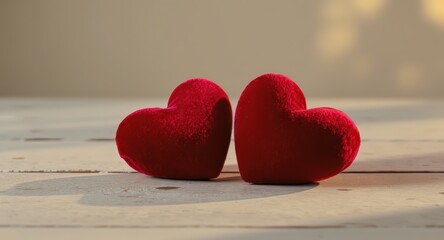 Red Velvet Heart Shapes on Light Wooden Surface Romantic Love Symbol in Soft Natural Lighting