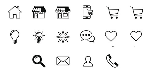 Collection of hand drawn doodle icons representing online shopping and business concepts