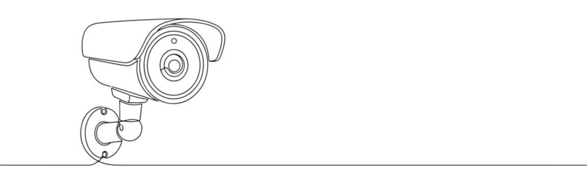 Continuous one line drawing of a CCTV security camera. Concept of surveillance, safety, and technology