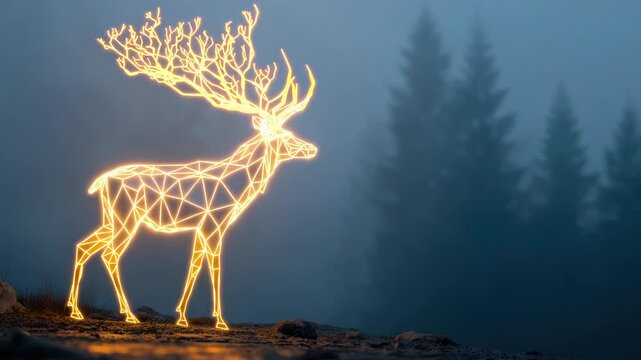 Enchanting reindeer with glowing golden antlers walking through a misty twilight forest, casting shimmering light and a magical, festive atmosphere for winter holidays