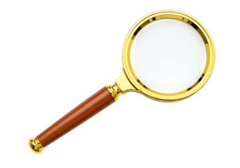 Classic magnifying glass with golden rim and wooden handle isolated on a transparent background lens