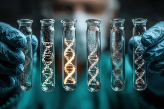 Masked scientist presenting glowing DNA vials - Powered by Adobe
