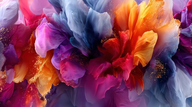 Vibrant Colorful Abstract Smoke with Golden Glitter and Fluid Dynamics