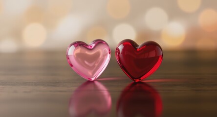 Glass Heart Shapes Pink and Red with Bokeh Light Background for Romantic or Valentine's Day Themes