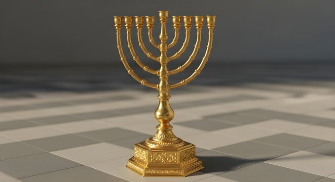 Golden menorah with seven branches on a patterned surface indoors