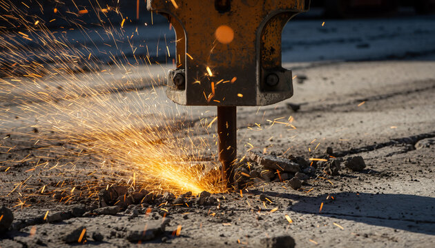 Powerful jackhammer breaking concrete with vibrant sparks flying, showcasing strength and construction expertise for impactful infrastructure projects