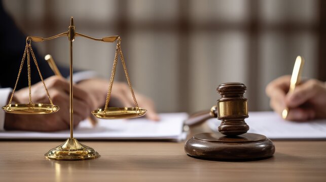 Business and lawyers discussing contract papers with brass scale on desk in office. Law, legal services, advice, justice and law concept picture with film grain effect - Powered by Adobe