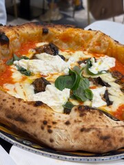 Artisanal pizza with a high, golden crust, with a light browning typical of wood-fired oven cooking. The center is filled with rich, flavorful toppings.