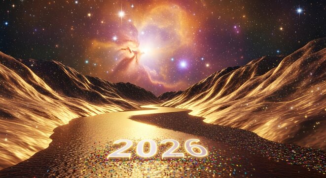 Cosmic journey through a golden canyon towards the year 2026 in space - Powered by Adobe
