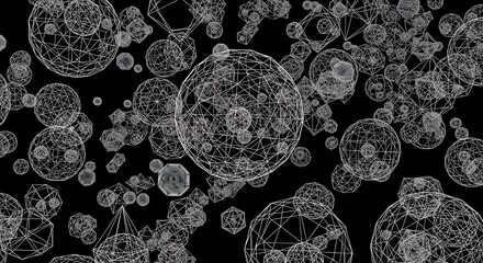 Abstract network of connected spheres on black background, technology concept