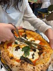 Artisanal pizza with a high, golden crust, with a light browning typical of wood-fired oven cooking. The center is filled with rich, flavorful toppings.
