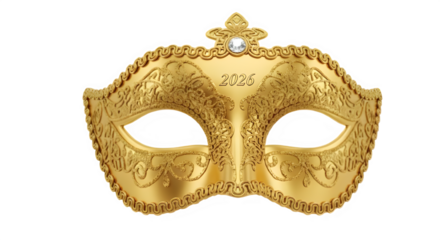 Elegant golden venetian carnival mask isolated on transparent background