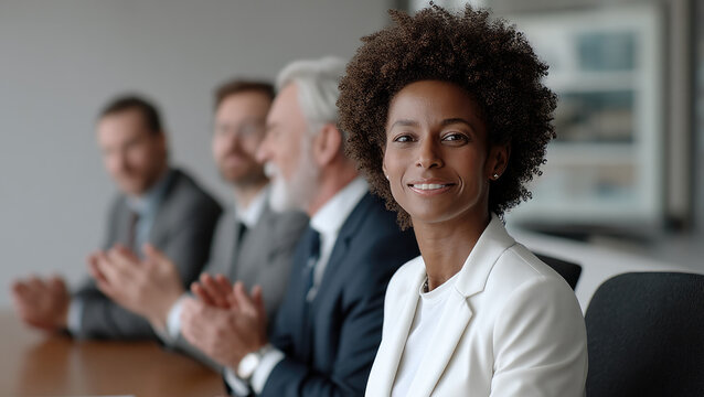 Confident businesswoman smiling at meeting table with colleagues applauding in modern office environment