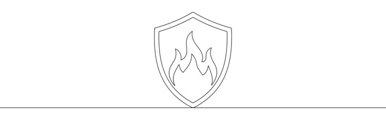 Fototapeta premium Continuous one line drawing of a firewall shield icon with flames. Concept of network security