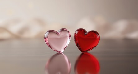 Pink and Red Glass Heart Sculptures on Reflective Surface with Soft Background
