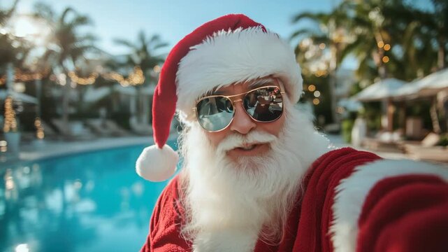 Amusing Santa Claus in sunglasses takes a video selfie by a tropical resort pool, relaxing in his red hat and suit while palms sway under a bright blue sky on summer vacation