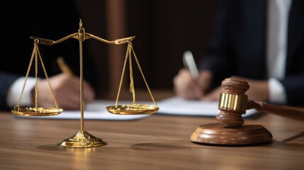 Business and lawyers discussing contract papers with brass scale on desk in office. Law, legal services, advice, justice and law concept picture with film grain effect