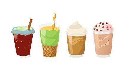 Various cold drinks and desserts set. Collections of coffee, bubble tea, matcha latte, ice cream and other types of beverages in plastic cup, paper mug, glass. Vector illustration.