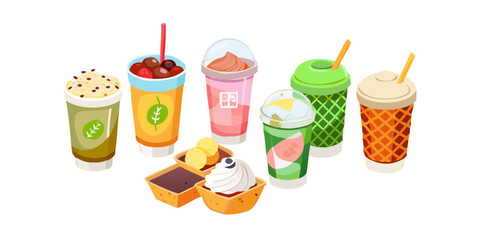 Various cold drinks and desserts set. Collections of coffee, bubble tea, matcha latte, ice cream and other types of beverages in plastic cup, paper mug, glass. Vector illustration.