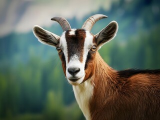 Close up portrait of a brown and white goat in a natural setting