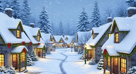 Snowy christmas village street with houses and trees at winter night