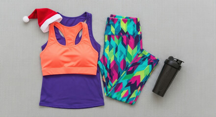 Colorful exercise outfit spread flat on yoga mat. Small Santa hat and protein shaker bottle in the composition. Colorful Workout Clothes Flatlay, Outfit Planning, Festive Style