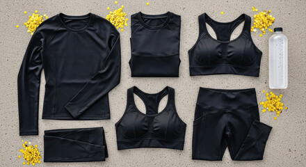 Black compression wear laid in organized grid on concrete. Gold New Year confetti and water bottle positioned around garments. Black workout clothes flatlay, outfit planning, modern style
