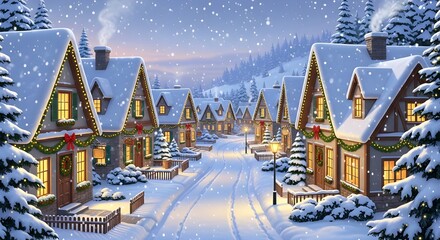 Christmas village street with snow covered houses and trees at winter