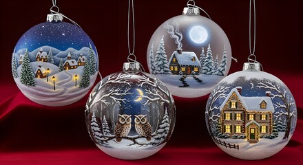 Four christmas ornaments with winter scenes on a red background, festive decor