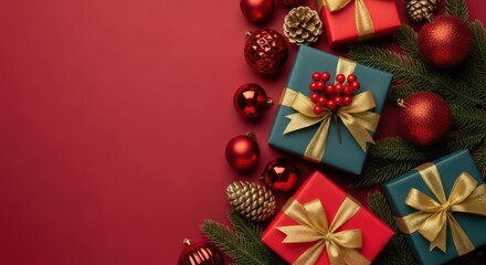 Holiday Treasures: Gifts, ornaments, and festive decorations arranged with Christmas tree branches on a red background.
