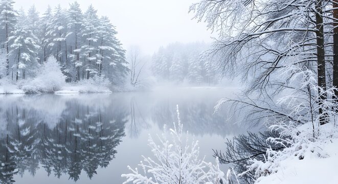 Winter landscape with lake and snow covered trees in the forest scenery