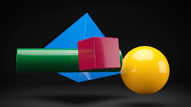 Colorful, glossy geometric shapes float against a dark, shadowed background