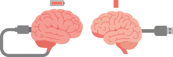 Brain Charging With USB Cable Motivation Boost Flat Vector Illustration