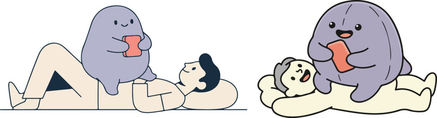 Procrastination Monster Sitting on Lazy Person Playful Cartoon Illustration