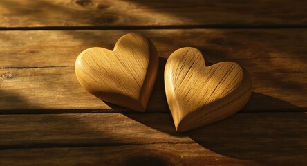 Wooden Heart Sculptures on Rustic Wooden Surface Warm Romantic Atmosphere