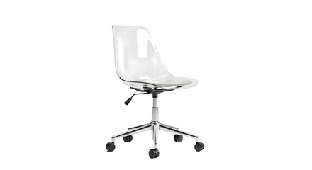 A clear plastic office chair with chrome base on a white background on transparent background